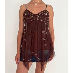 90s vintage brown embroidered beaded boho fairy flowy mesh camisole tank top